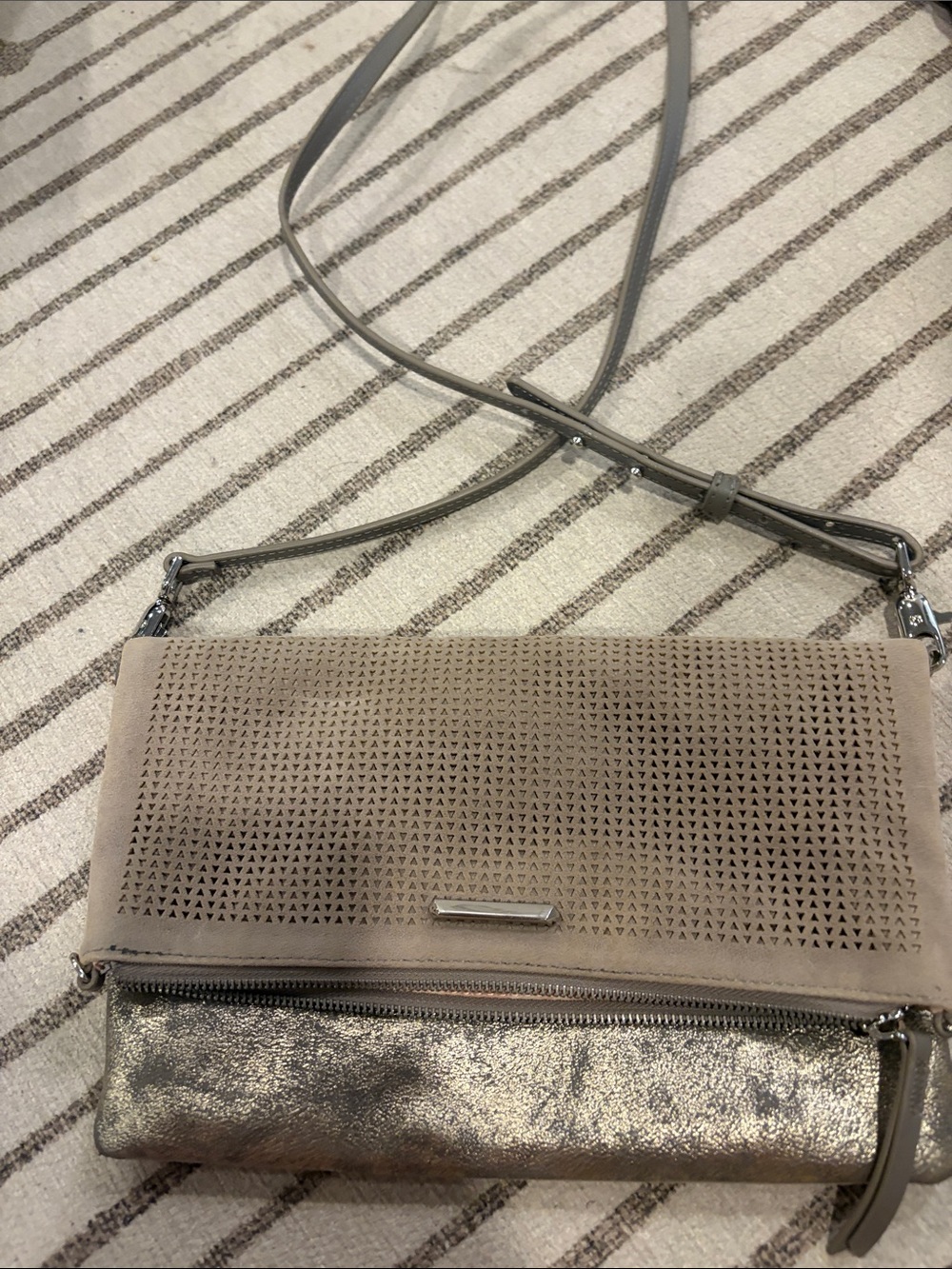 Perforated Convertible Crossbody/Clutch Bag in Taupe and Bronze from Stella &Dot